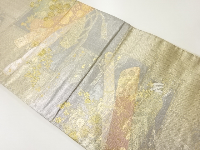 JAPANESE KIMONO / VINTAGE FUKURO OBI / WOVEN SCROLL & FLORAL PLANTS